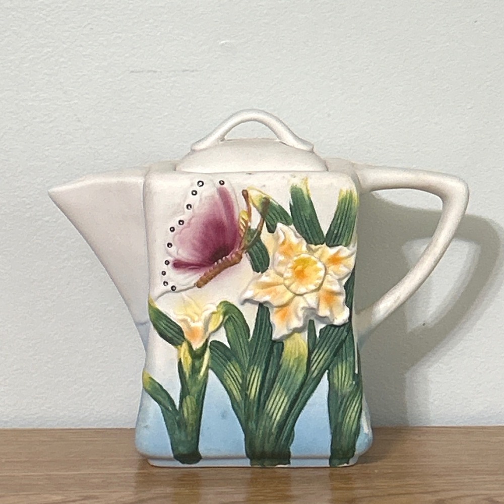 Vintage Ceramic Relief Teapot Butterfly Daffodil Floral White Blue Square Lid